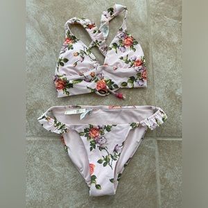 Aerie nwt new xs bikini top bottom swim suit set ruffle floral light pink beaded